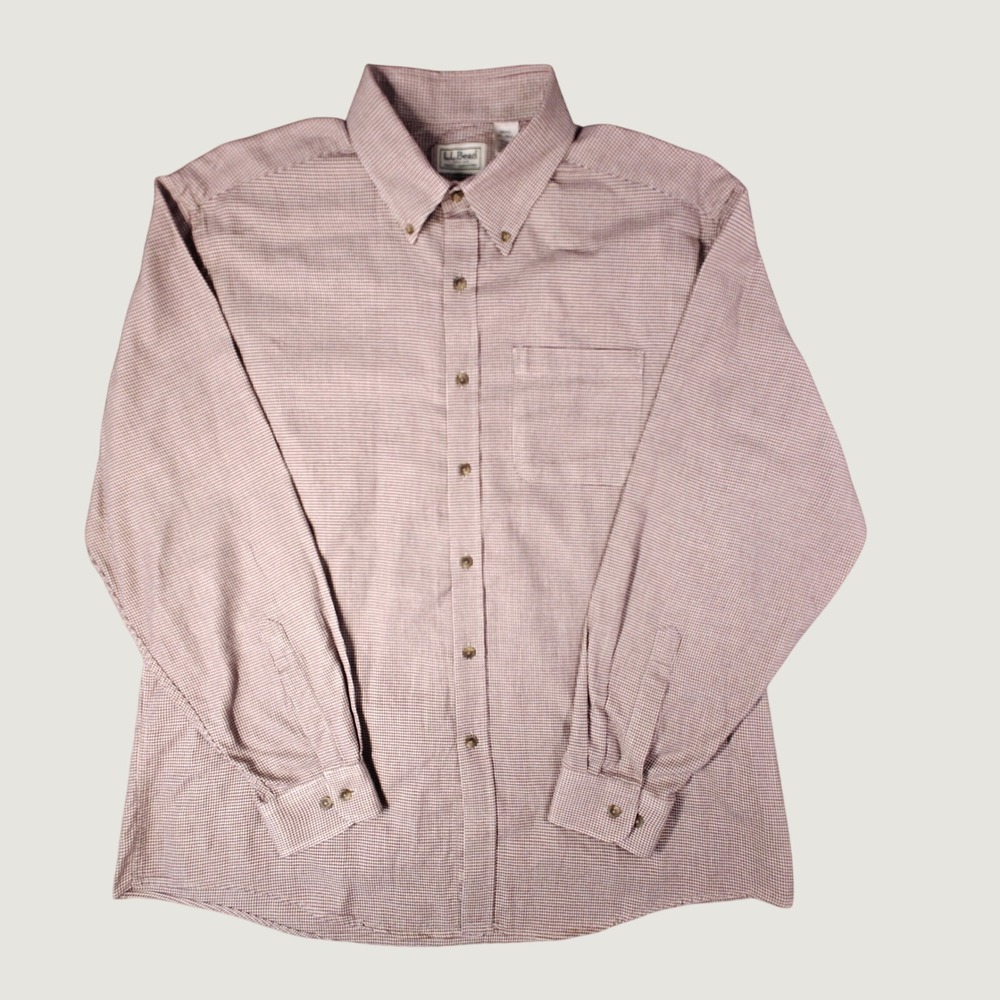 LL Bean Mens Large Regular Houndstooth Button Down‎ Shirt Burgundy Cotton 0RA70